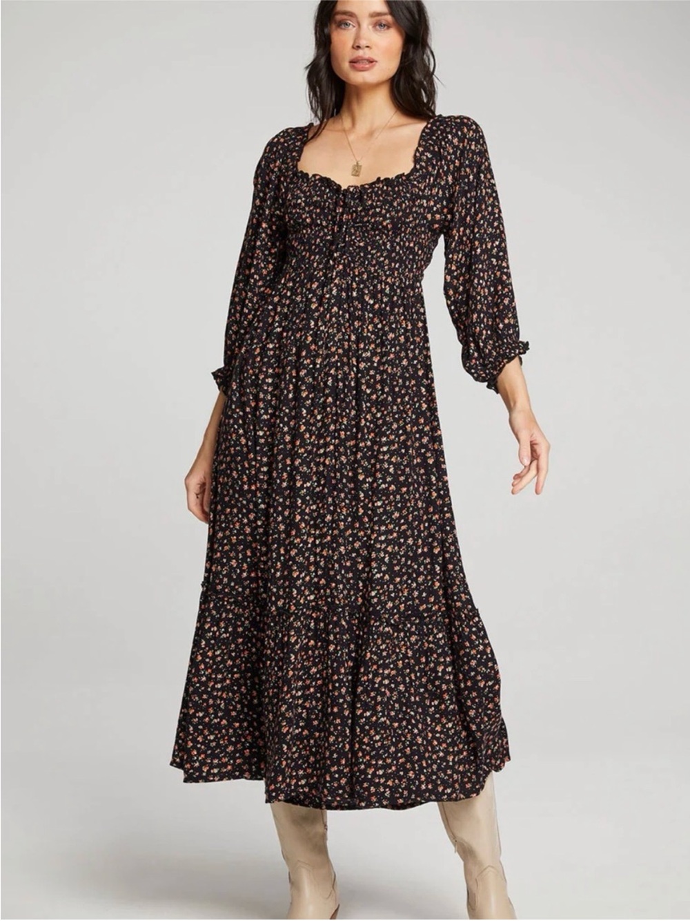 In Bloom Black Maxi Dress with Peach Floral Ditsy Print